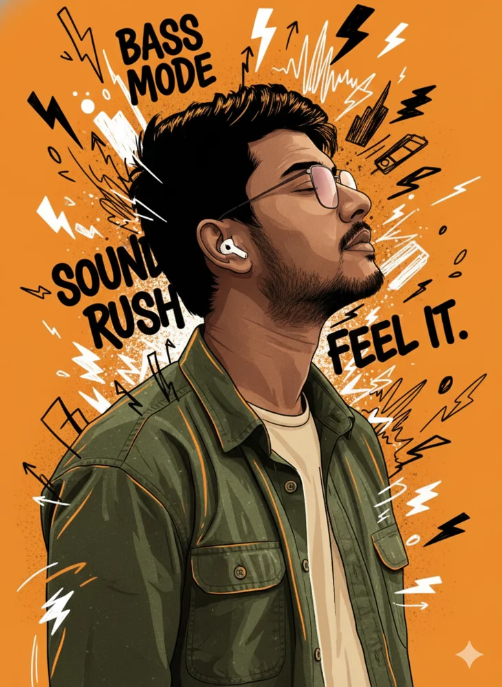 Comic-style portrait with music lettering and graphic accents