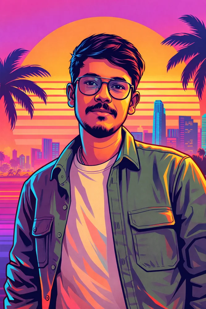 Retro neon portrait against a sunset cityscape