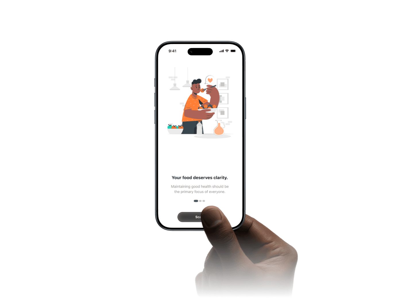 Harvi onboarding screen on a phone held in hand